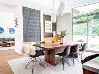 Midcentury Dining Room With Sliding Doors